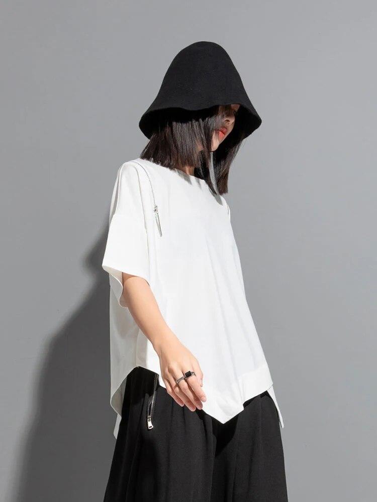 Xitao Asymmetrische T-Shirts mit Reißverschluss, lockeres modisches Damen-Top DMJ1179