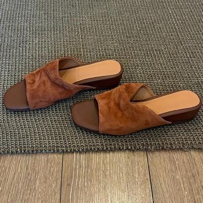 Sheepskin Version~ Niche Simple Suede Open-toed Slope Heel One-word Slippers for Women To Wear 2025 Summer Beach Cool Slippers