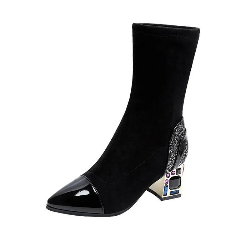 Women's Boots Fabric High Heel Autumn Sock Boots Women Fashion Zipper Pumps Pointed Toe Slip on All-match Single Boots Size35-40