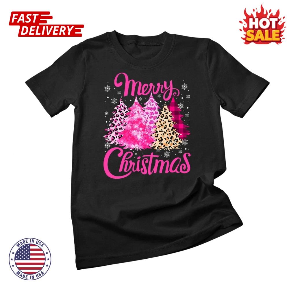 

SALE Merry Christmas Tree Pink Funny Xmas Leopard Matching Family Unisex T shirt S