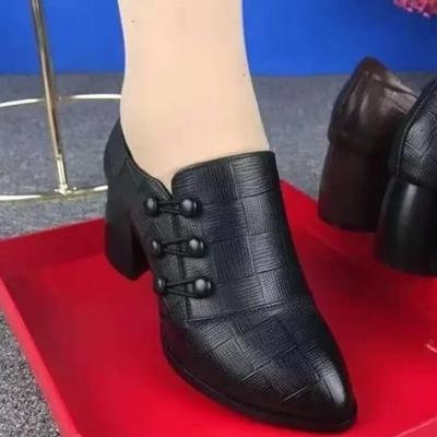 Autumn New High Heels Soft Leather Breasted Low Top Heeled Shoes Dress Women's Pointed Toe Shoes Retro Mom Shoes Zapatos Mujer