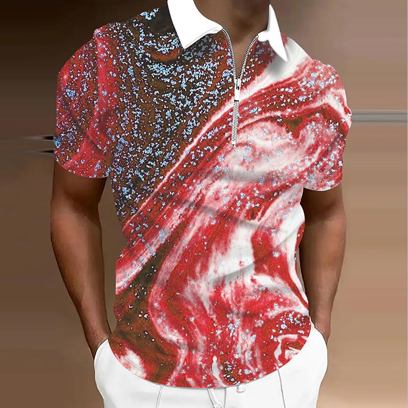 Men's  Shirt Polo Casual Zip Short Sleeve Fashion Casual Zipper Summer Spring Regular Fit 3D Marbling Print Shirt