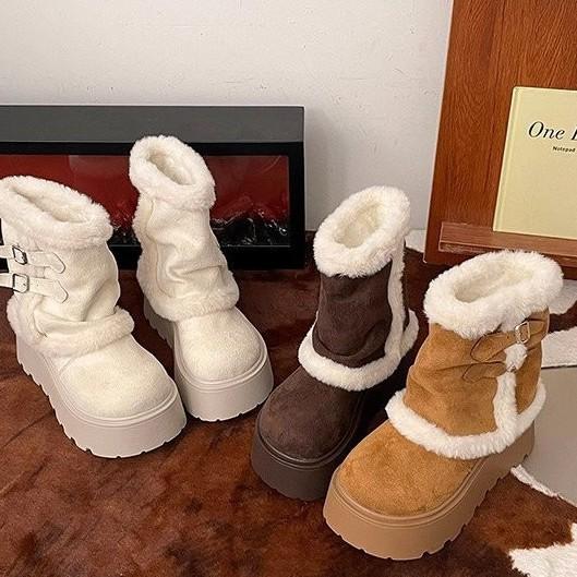 White platform snow boots women's new winter plush warm fluffy short boots small height-increasing cotton shoes