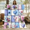 1pc Ultra-Soft Flannel Patchwork Bedspread - Pink Roses Blue Daisies & Plaid Heart Design Suitable for All - Sofa Bed Travel Shawl