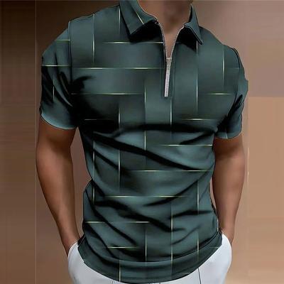 Herrenhemd Polo Casual Reißverschluss Kurzarm Mode Lässig Reißverschluss Sommer Frühling Normale Passform 3D Blau Rand Gitter Print Hemd