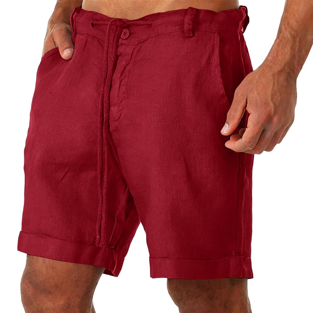 Mens Linen Cotton Casual Classic Shorts Elastic Waist Summer Beach Lightweight Board Slim Fit with Pockets
