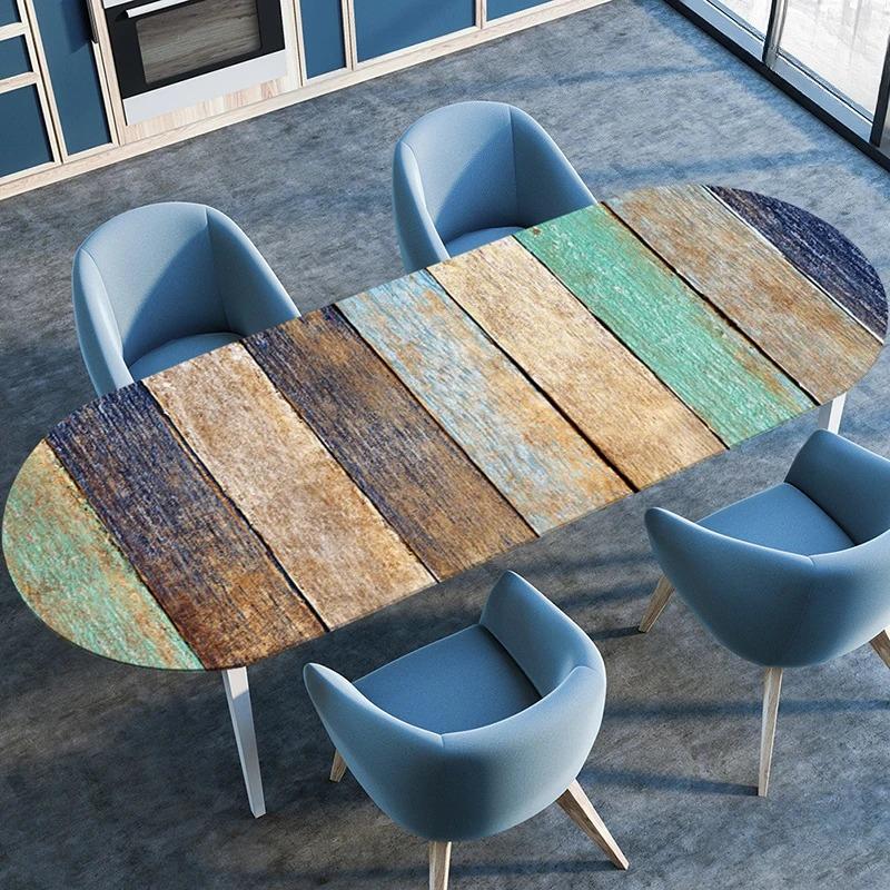Wooden Plank Texture Style Waterproof Oval Tablecloth Oil-Resistant Elastic Stretch Fitted Table Cover Kitchen Dining Outdoor