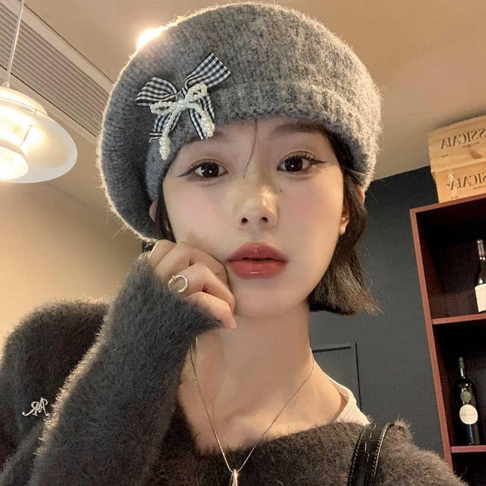 Solid Color Beanie Cap Pearl Plaid Artist Painter Cap Knitted Beret Hat  Autumn and Winter Warmth