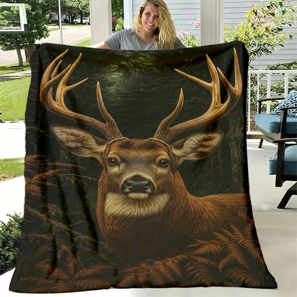 1pc Deer in Forest Scene Blanket - Lightweight Flannel Throw with Realistic Digital Print, Soft And Warm All-Season Blanket for Sofa, Camping, Bed, Of