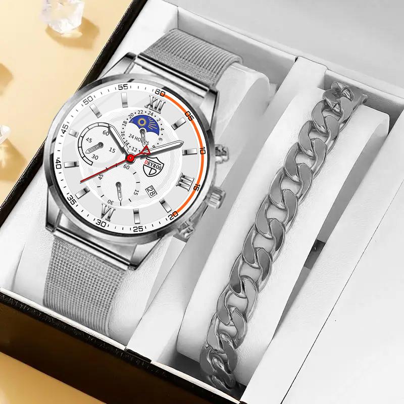 

2 шт./комплект 1 шт. Мужские модные кварцевые часы с календарем, роскошные мужские деловые наручные часы из нержавеющей стали с сетчатым ремешком и 1 шт. браслет