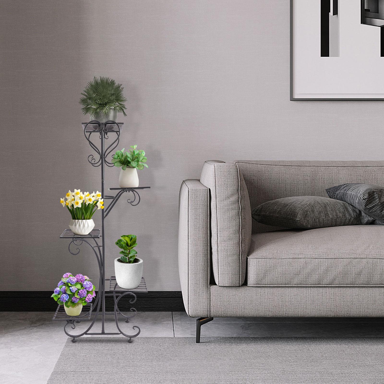 5-ярусная подставка для цветов Черная железная полка для растений с 5 поддонами Современная напольная стойка-витрина с порошковым покрытием Многоуровневый напольный органайзер чёрный 17480₽