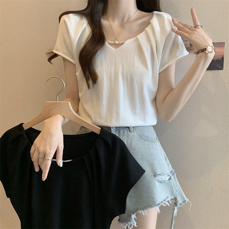 Design Sense Pleated V-neck Short Sleeved T-shirt for Women In Summer Korean Version Slim Fit and Slimming Top for Women