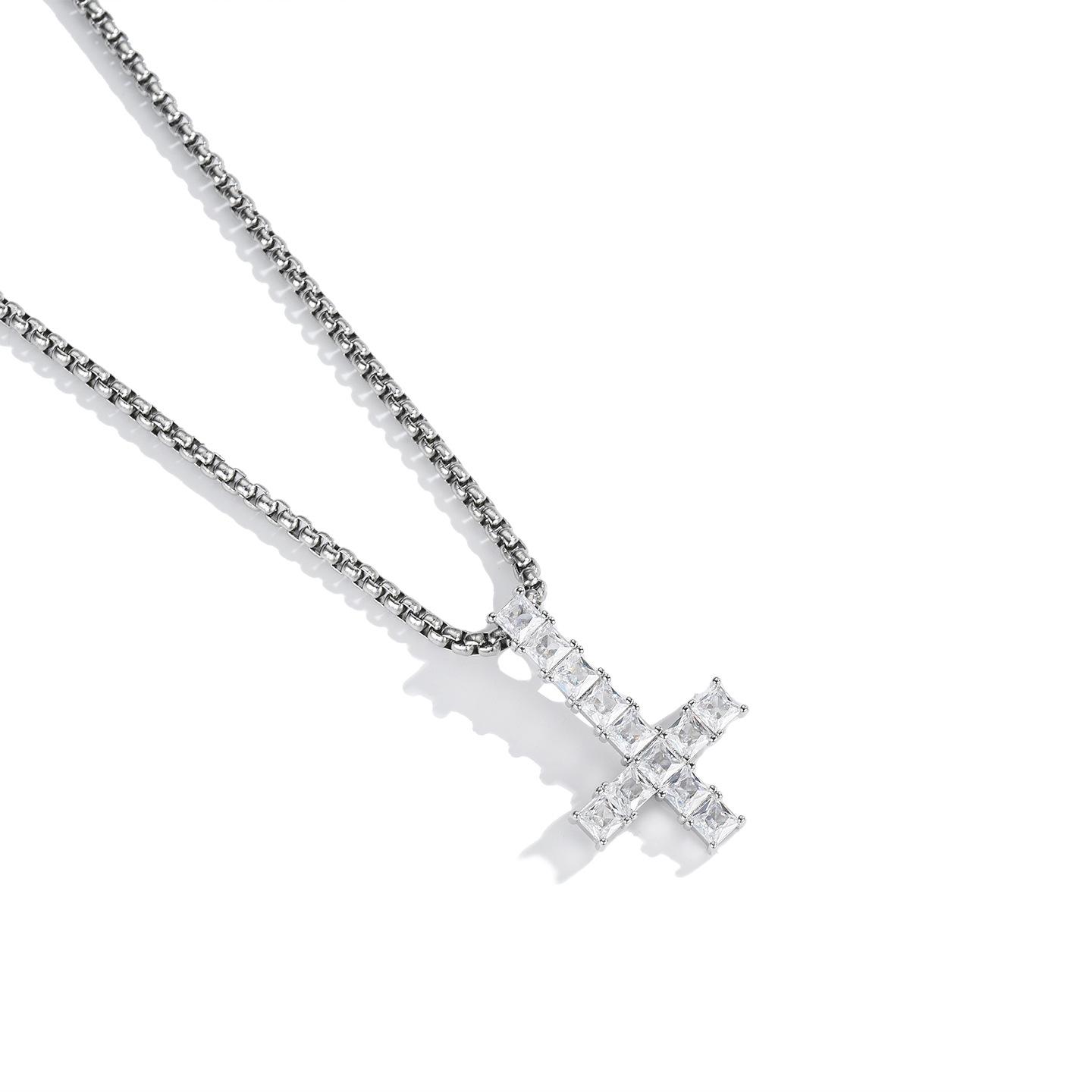 European and American Jewelry Inverted Cross Square Diamond Pendant Trend Full Diamond Necklace 2026 60CM