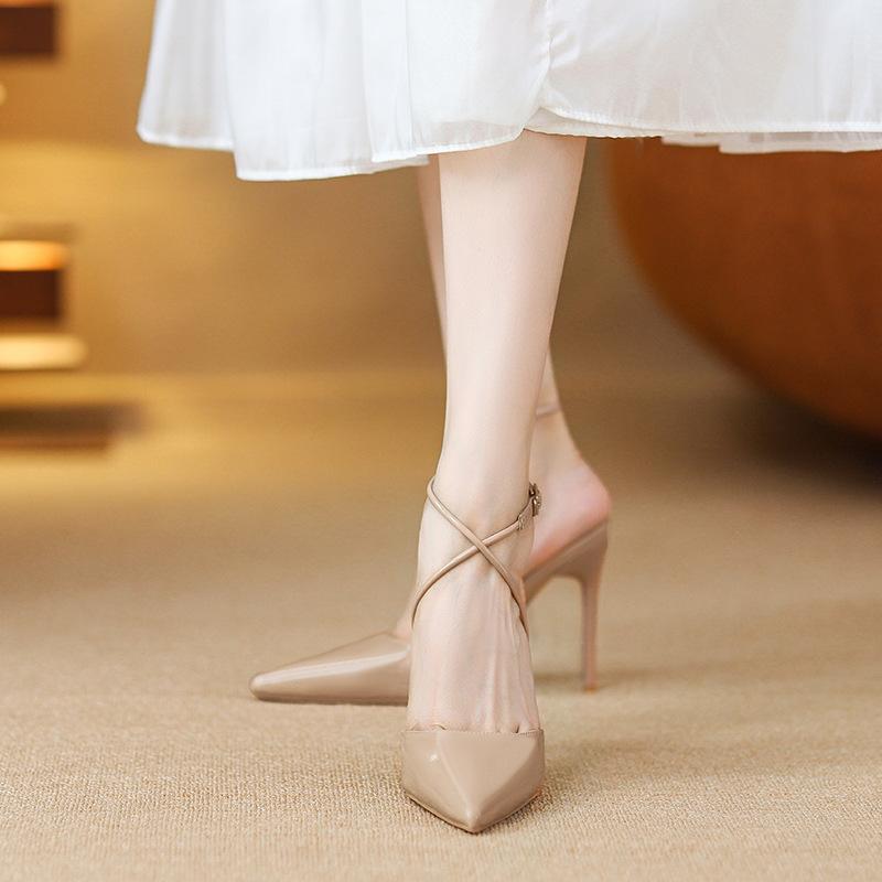 

Весна-лето 2025 новые туфли-лодочки с острым носком из лакированной кожи телесного цвета, женские туфли-стилеты с ремешками, красивые туфли для королевской сестры, сексуальные сандалии 34 телесный
