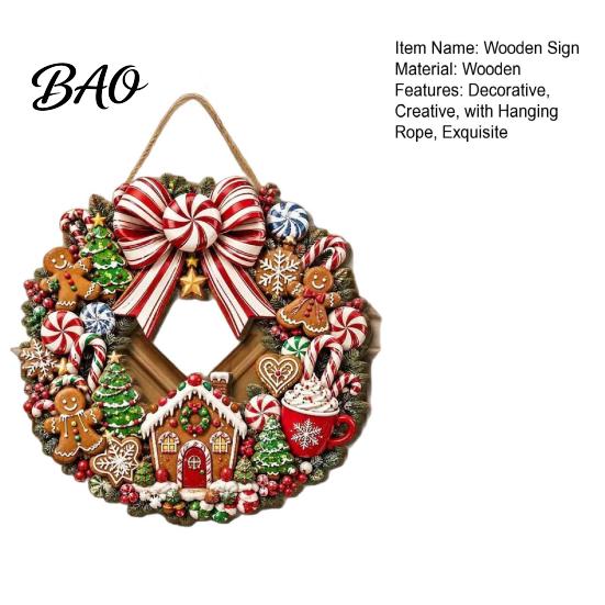Seasonal Front Door Decor Gingerbread Man Wreath Wooden Sign for Door, Retro Christmas Hanging Plaque with Garland Candy Cane Bow And House