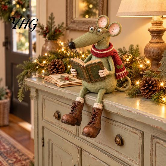 Vintage Inspired Table Decor Reading Mouse Figurine with Hanging Legs, Resin Shelf Sitter Whimsical Decoration Statue Glasses and Book for Bookshelf