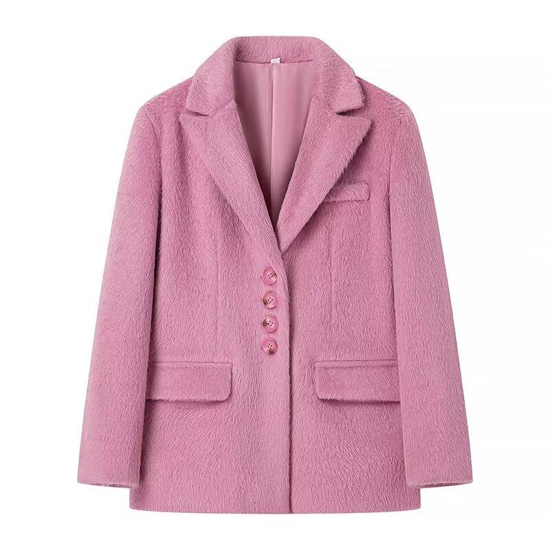 Fashion Pink Lapel Long Sleeves Women Blazer Jacket Warm Thick Single Breasted Loose Outwear Office Lady Commute Streetwear