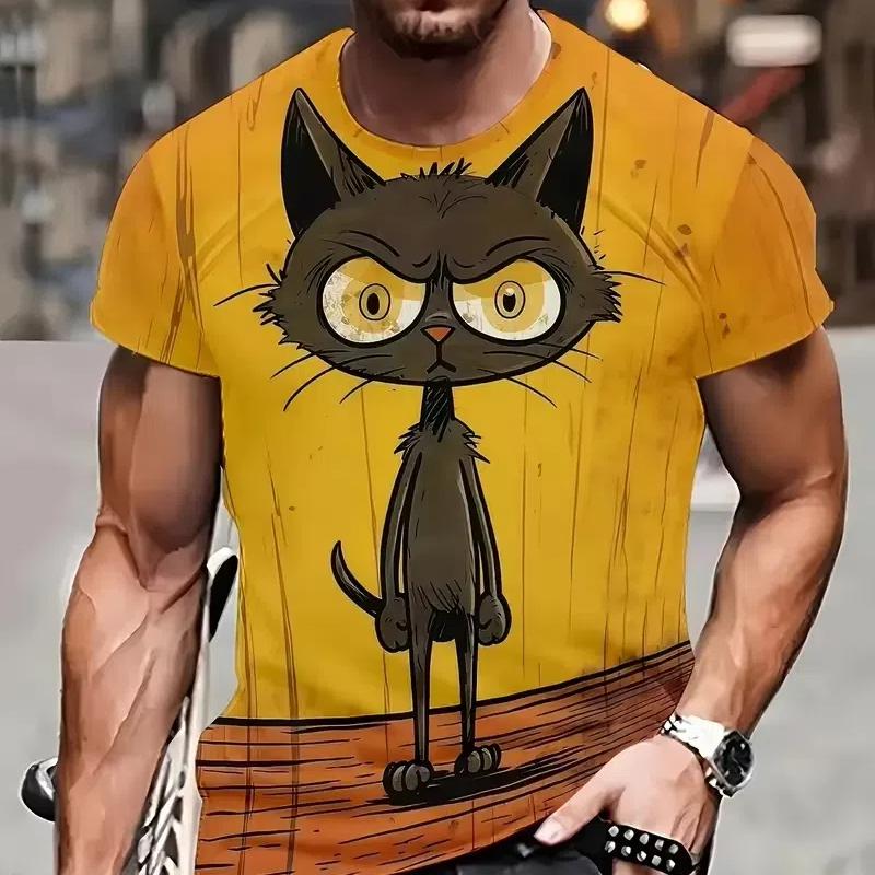 Animal T Shirt For Men Summer Short Sleeve Cat Print T-Shirt Fashion Streetwear Oversized Clothing Casual Crew Neck Pullover