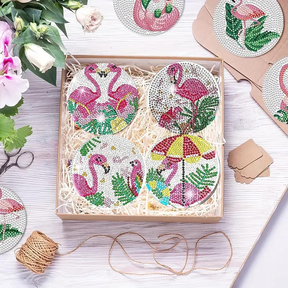 8 Pieces/set of Pink Goose Diamond Painted Coasters with Brackets DIY Coasters for Beginners and Adults, Art and Craft Supplies Gifts