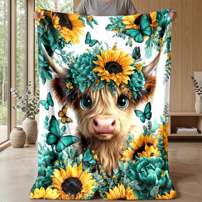 Vibrant Highland Cow with Butterflies and Flowers Theme blanket Lightweight Warm Flannel Blanket Decorative Throw Blanket for Home Decoration