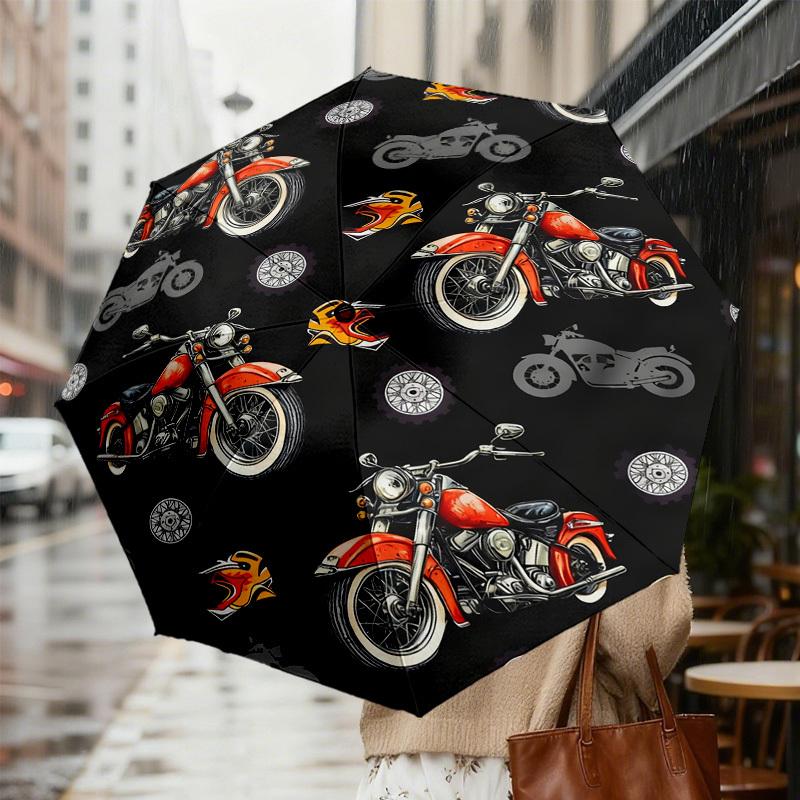 1 szt. Parasol z automatycznym otwieraniem i zamykaniem, Wzór Płomienie Motocyklowe, Wysokiej jakości Parasol Podróżny, c1128247