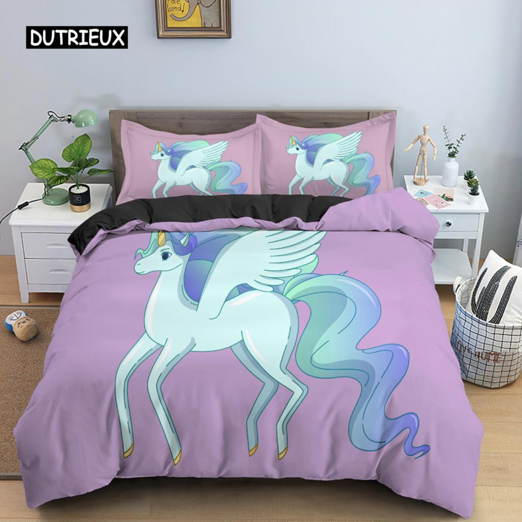 Unicorn Duvet Cover Set Cartoon Animal Bedding Set Single Twin King For Kids Girls Polyester Romantic Theme Star Comforter Cover