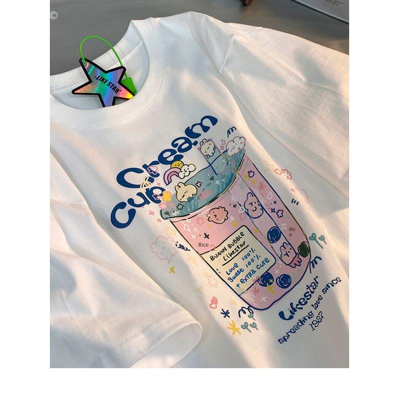 

Blue~Heavyweight Pure Cotton Short-Sleeved T-Shirt for Women, New Loose-Fitting American-Style Half-Sleeved Top, Summer T-Shirt for Plus-Size Women White M [Recommendation 40-50kg]