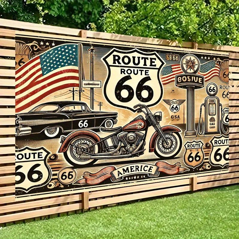 1pc Retro Route 66 Motorcycle Polyester Background Fabric - Retro American design, suitable for party decoration