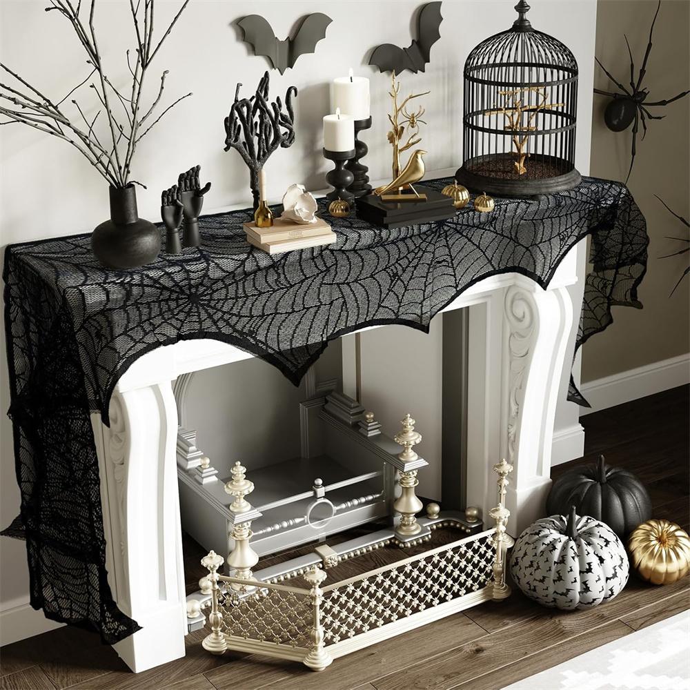 Halloween Indoor Fireplace Mantel Scarf Black Lace Spiderweb Fireplace Cover For Halloween Mantle Decor Festive Party