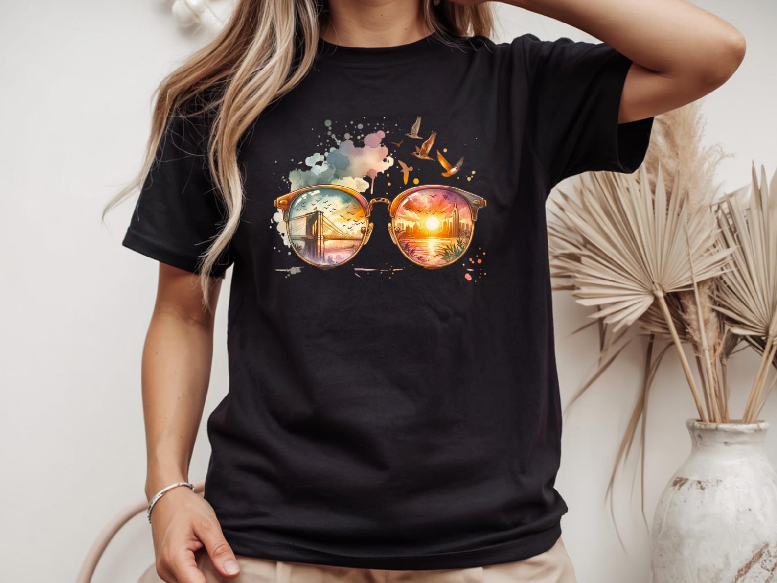 Sunset Sunglasses T-Shirt | Beach Reflection, Birds, Summer Vibes 3XL
