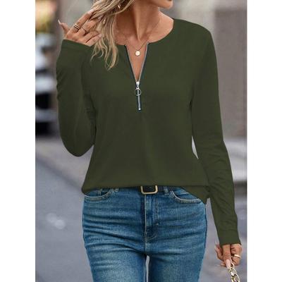 Damen Langarm-T-Shirt mit halber Knopfleiste und Reißverschluss Herbstkleidung für Damen
