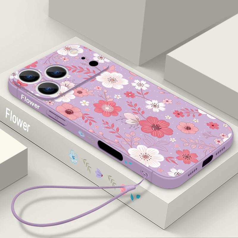 Colorful Flowers Pattern Lanyard Case For iPhone 17 Pro Max Funda iPhone 16 15 14 13 Pro Max 11 16E 17E Soft Silicone Cover