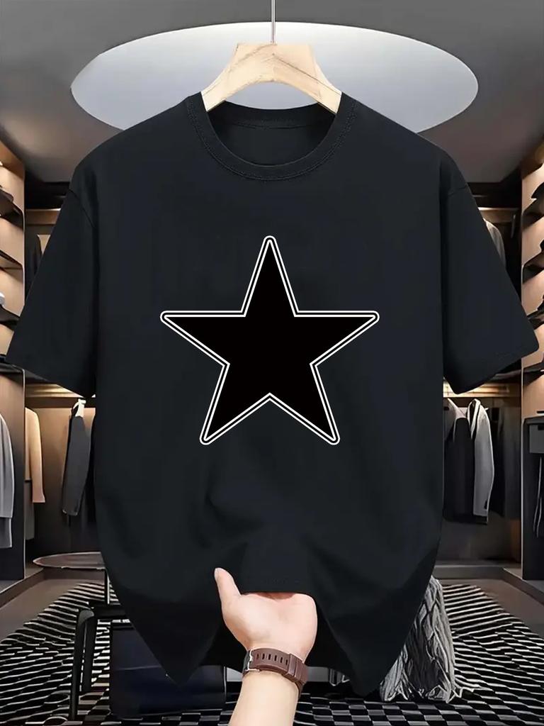 [T-shirt Décontracté à Imprimé Étoiles] T-shirt Confortable à Imprimé Étoiles - T-shirt Décontracté à Col Rond pour Homme avec Design Géométrique, Étoile à Cinq Branches,