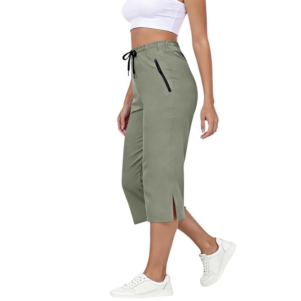 Women Drawstring Elastic Waist Capris Pants with Side Pockets Loose Fit Lightweight Cropped Trousers for Daily Wear