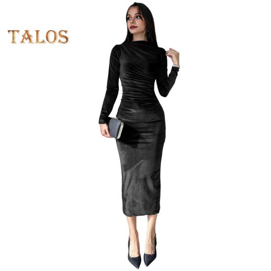 

Женское вечернее платье облегающего кроя с плиссированным вырезом лодочкой и длинным рукавом, однотонное платье миди длиной до икры, коктейльное платье для выпускного вечера M чёрный