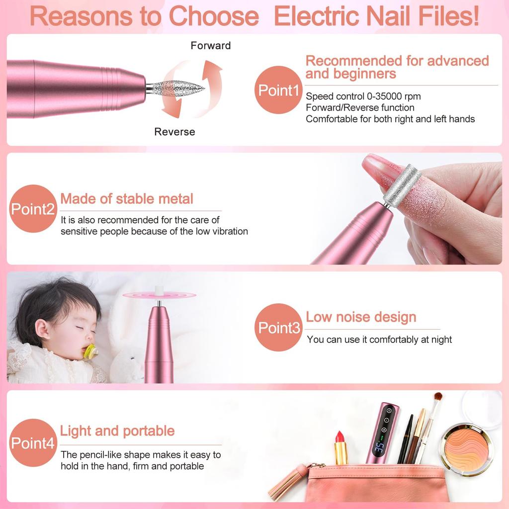 NAILGIRLS Cordless Electric Nail Drill Machine 11 in 1 Kit, Portable Rechargeable Nail File Set for Acrylic Gel Dip Powder Nails, 35 Speeds Manicure