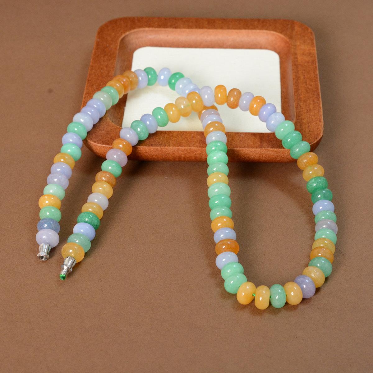 Fu Lu Shou Three-Color Bead Necklace with 8.5mm Flat Beads, Peace Buckle, Green and Yellow Jade Coins Bracelet.