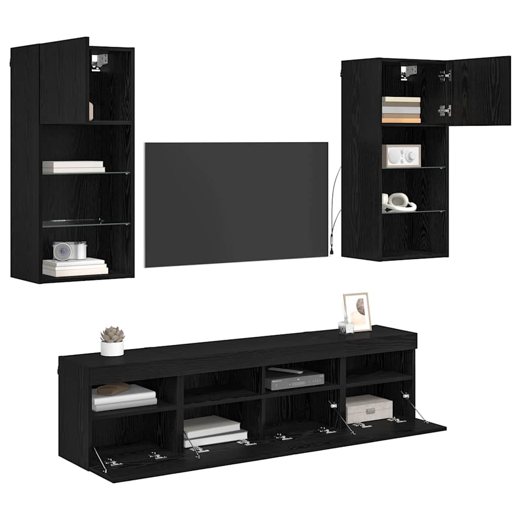 Wall Mounted TV Unit with LED Lighting 5 Pcs Black Oak Effect