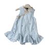 Girls Summer Chinese Embroidered Floral Vest Dress with Ruffled Hem Qipao Cheongsam Dress for Kids