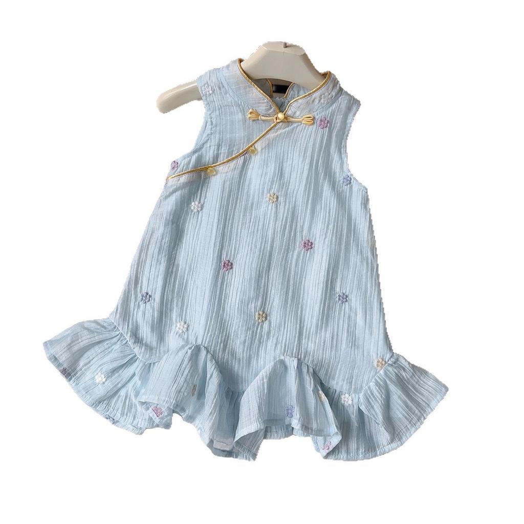 Girls Summer Chinese Embroidered Floral Vest Dress with Ruffled Hem Qipao Cheongsam Dress for Kids