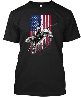 Rodeo Bull Rider Patriotic American Flag T Shirt Made In the USA Size S To 5XL