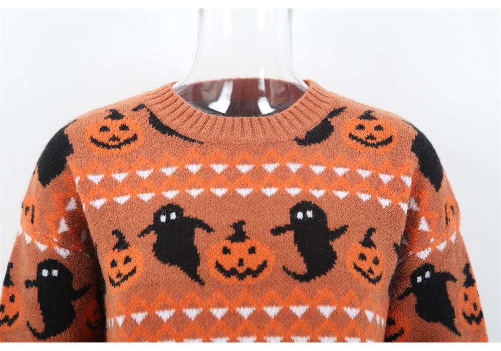 European & American Women's Halloween Ghost Pumpkin Knit Pullover Top