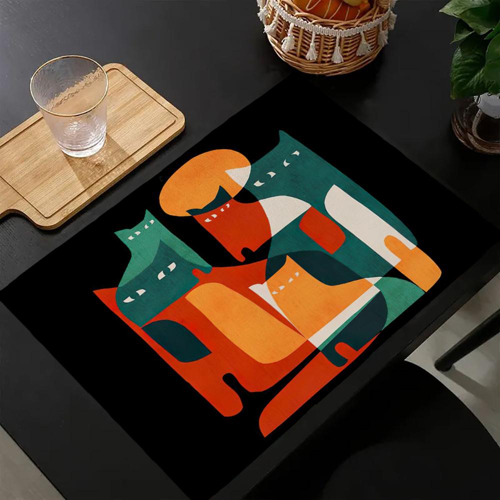 Cute Animal Cat Print Linen Dining Table Mats Kitchen Placemat 30X40cm Coasters Pads Bowl Cup Mat