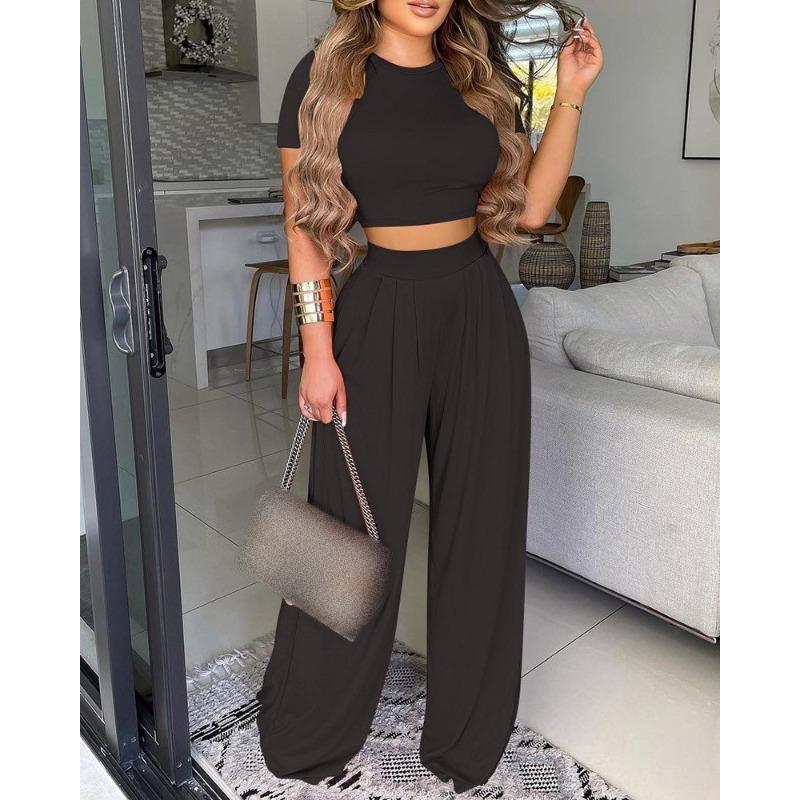 YYFS Pantaloni da donna alla moda casual, estivi e primaverili, tinta unita, con stampa, a maniche corte, con scollo a V