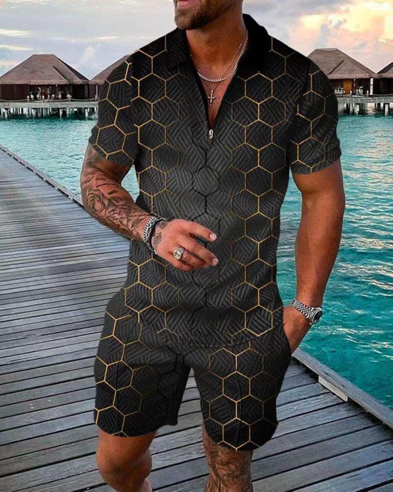 Herren Print Polohemd Set – Kragen Kurzarm Lässiger Pullover T-Shirt