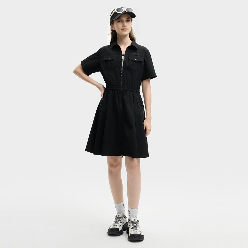 Fila Original Fashionable Comfortable Versatile Casual Short Sleeve Dress Women Dresses Black F11W529301F-BK