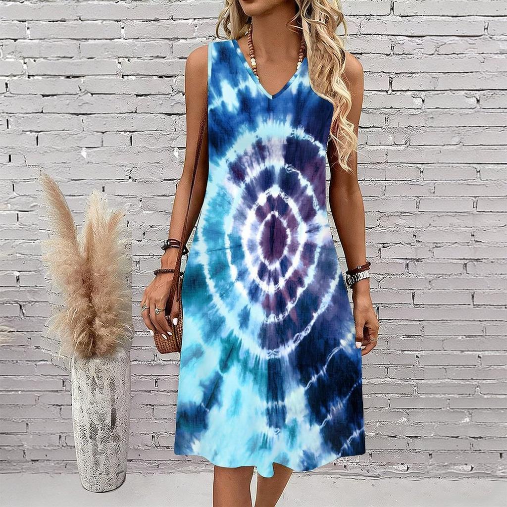 Plus Size V Neck Sleeveless Dress Shaded Brook Woodland Watercolor Print For Peaceful Nature Stroll