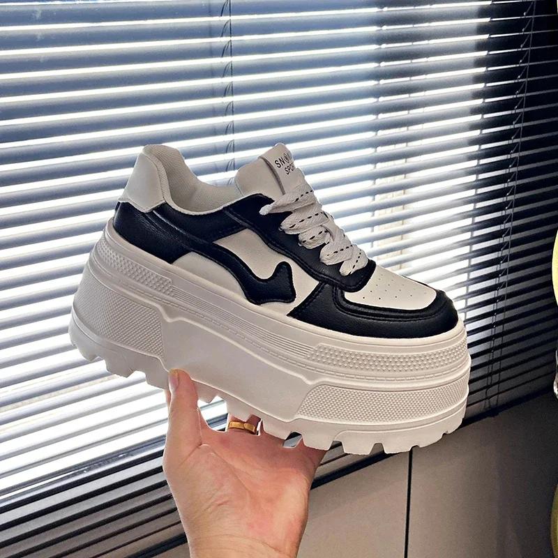 Fashion 8CM Women Platform Sneakers Leather Shoes New Autumn Chunky Vulcanized Skateboard Shoes Women Breathable Comfort Sneakers