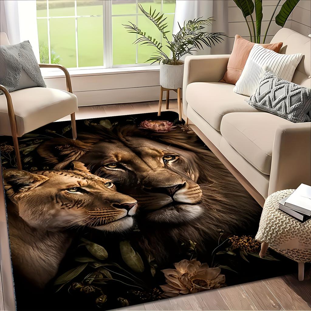 Majestätischer Löwe Kreativer Teppich - Künstlerisches Tiermuster Bodenmatte für Wohnzimmer, Schlafzimmer, Heimbüro, Rutschfester Teppich