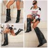 Fashion Metal Decor Wedge Heel Knee High Boots Women Autumn Winter 2025 Fashion Shark Boots Woman Wide Calf PU Leather Long Botas Mujer